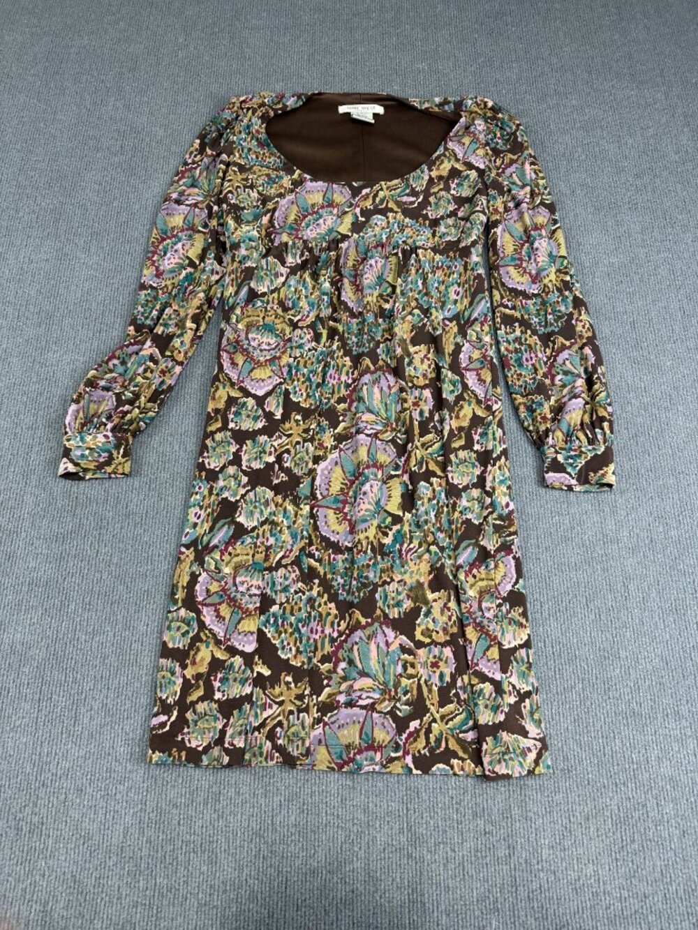 Nine West Womens Brown Floral Print Long Sleeve Scoop Neck Dress 8